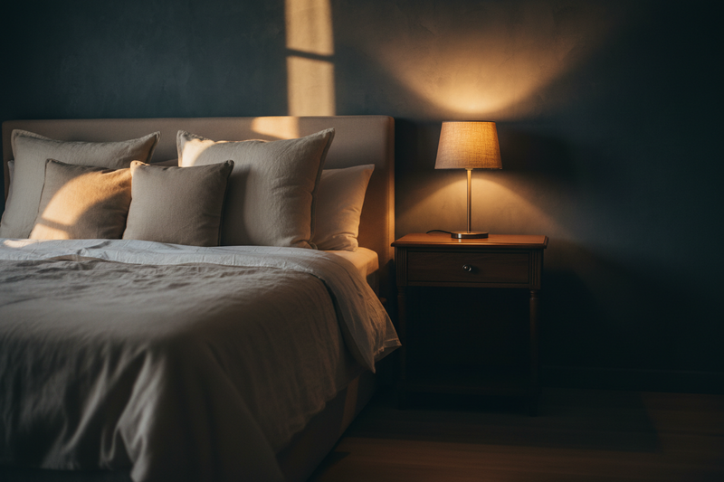 A bed with a bedside table and lamp