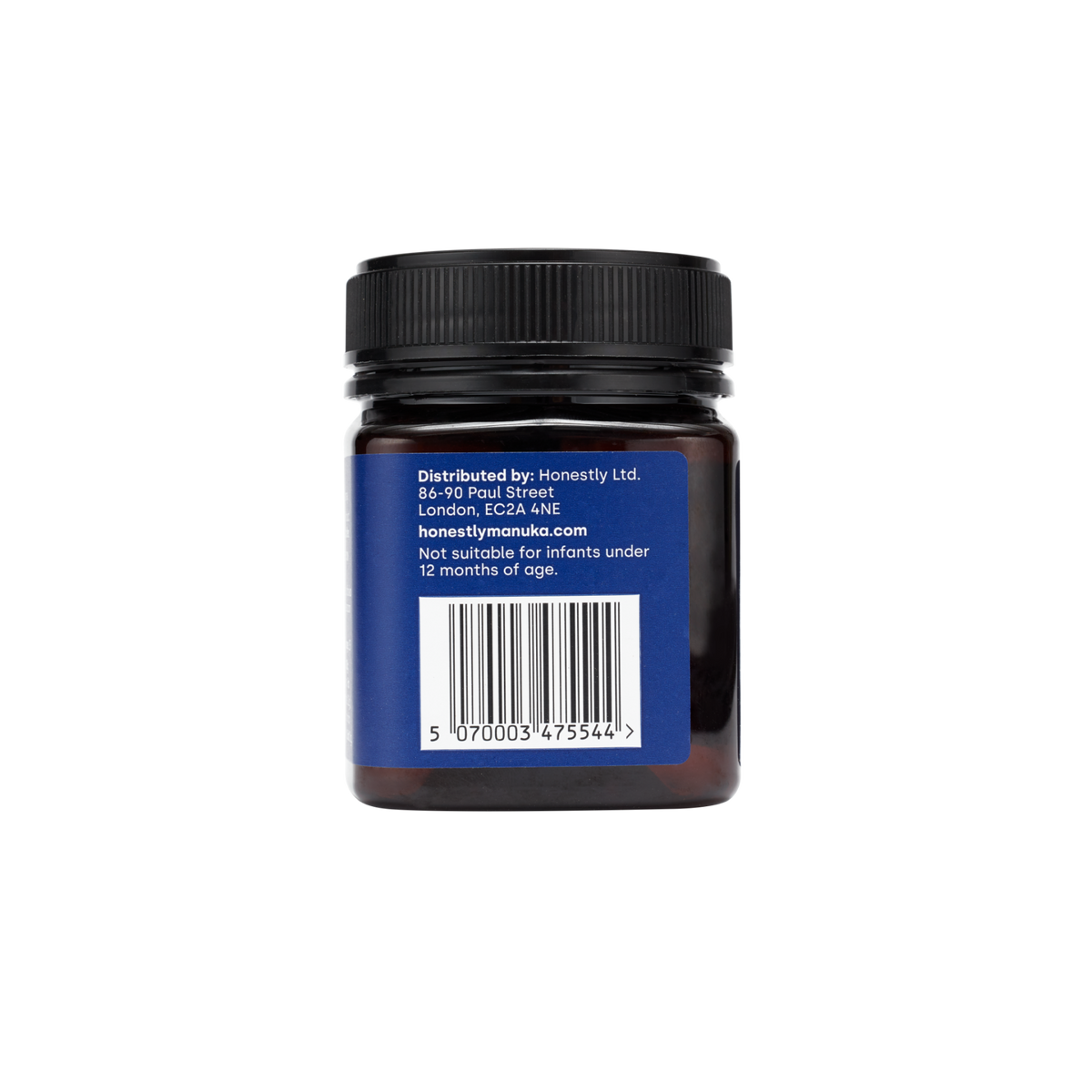 Back of Manuka honey jar showing Honestly business details