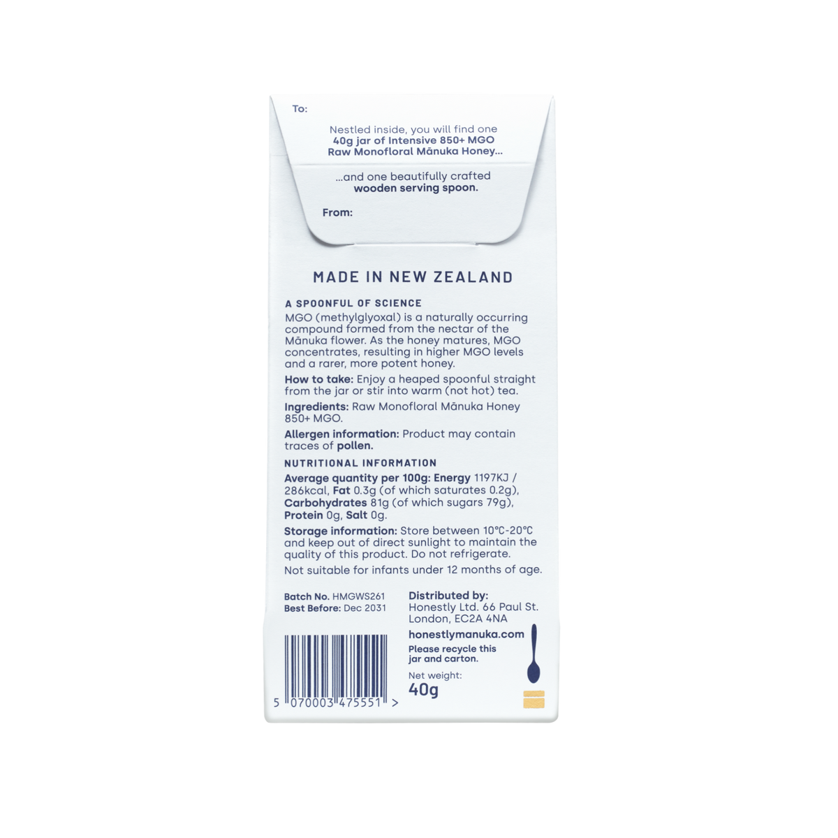 Back of a honey package with text and product details on a white background