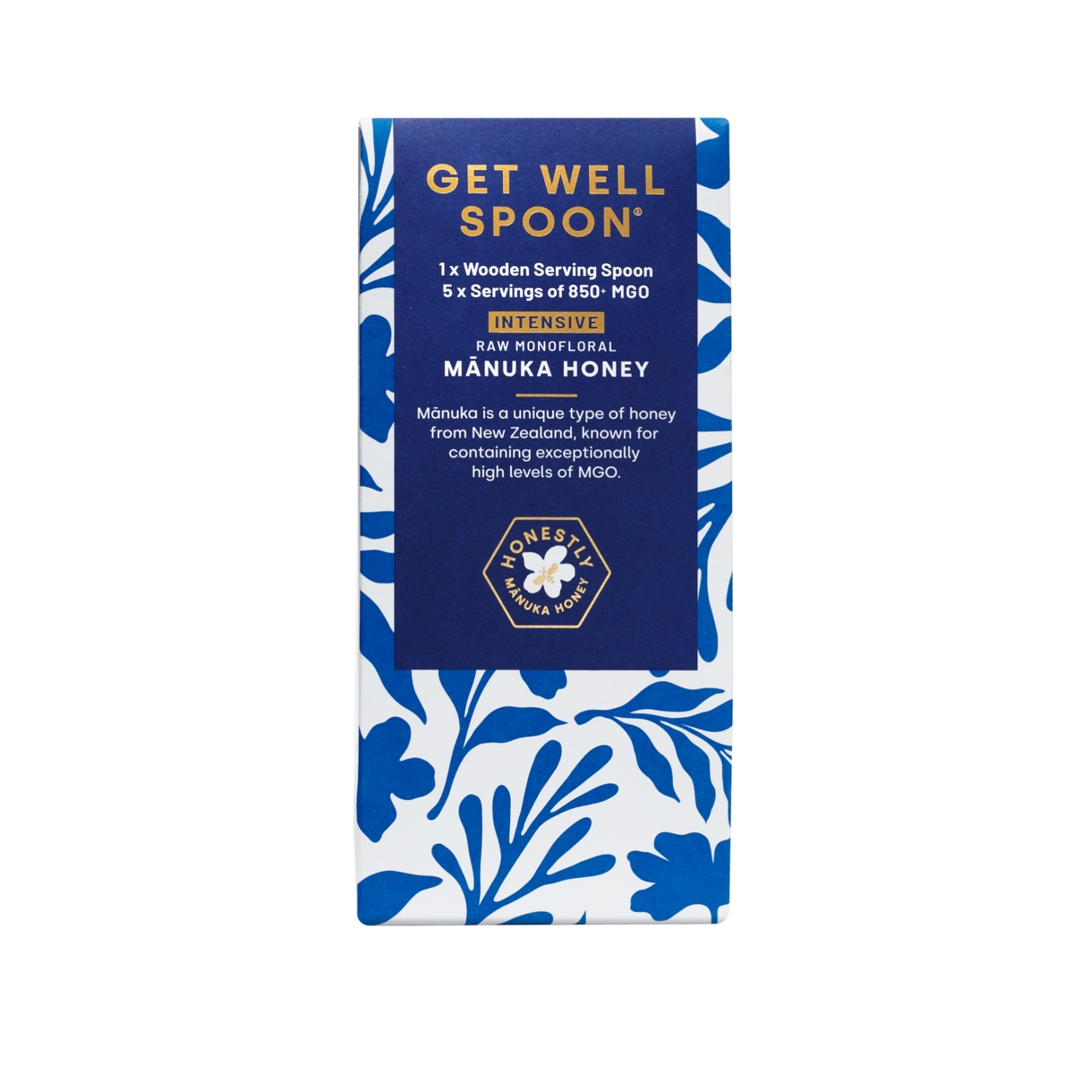Packaging of a 'Get Well Spoon' with blue floral design and text on a white background