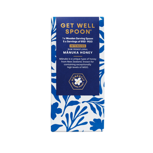 Packaging of a 'Get Well Spoon' with blue floral design and text on a white background