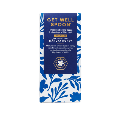 Packaging of a 'Get Well Spoon' with blue floral design and text on a white background