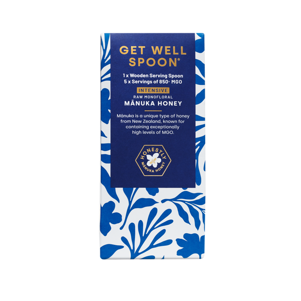 Packaging of a 'Get Well Spoon' with blue floral design and text on a white background